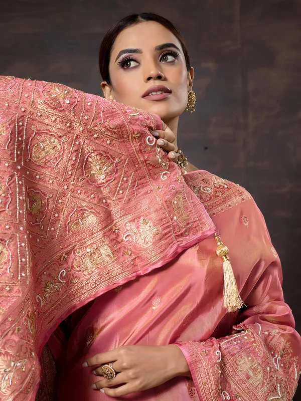 Dark peach dola silk saree with cutdana work
