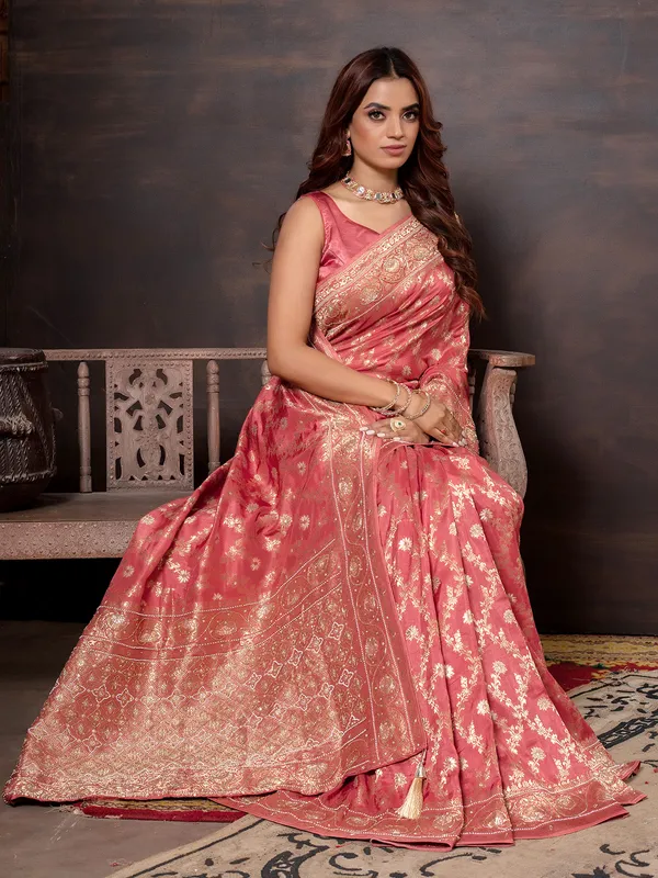 Dark peach dola silk wedding wear elegant saree