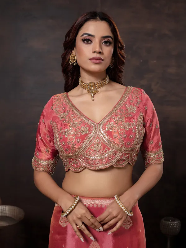 Dark peach dola silk wedding wear saree