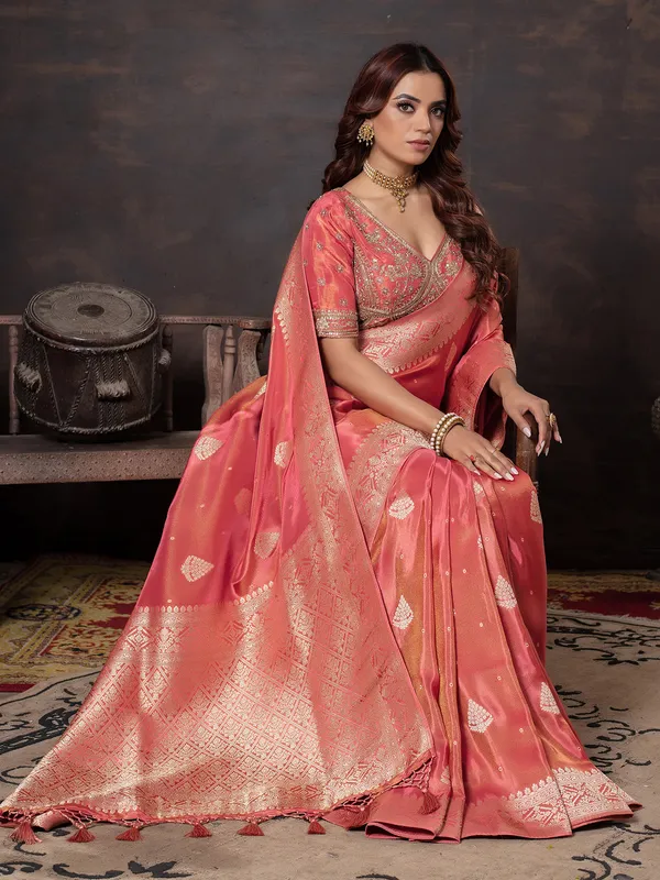 Dark peach dola silk wedding wear saree