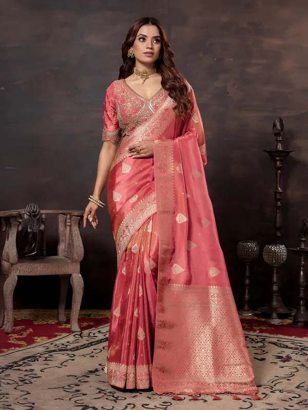 Dark peach dola silk wedding wear saree