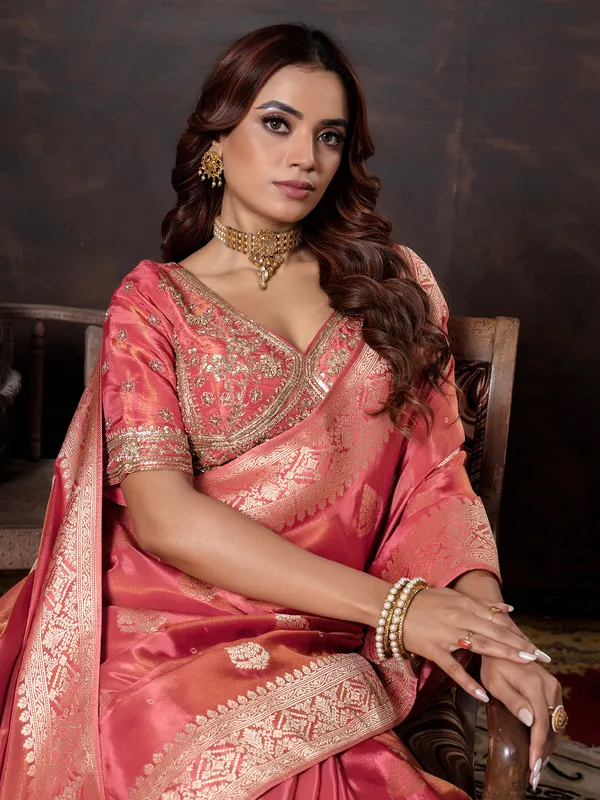 Dark peach dola silk wedding wear saree