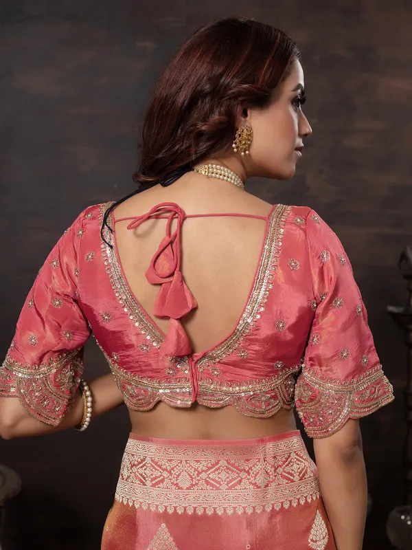 Dark peach dola silk wedding wear saree