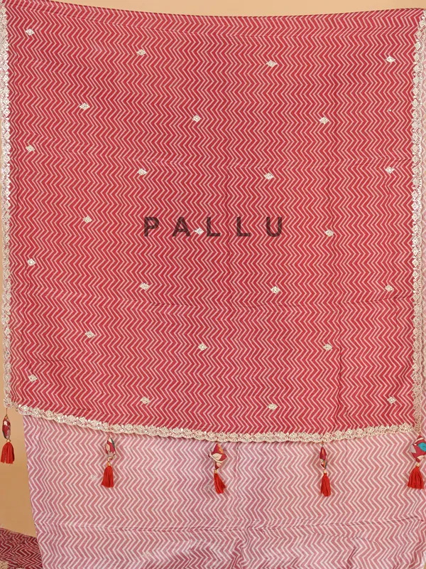 Dark peach muslin zig zag printed saree