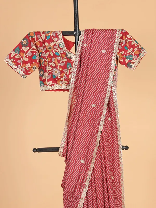 Dark peach muslin zig zag printed saree