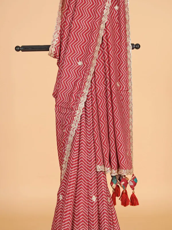 Dark peach muslin zig zag printed saree