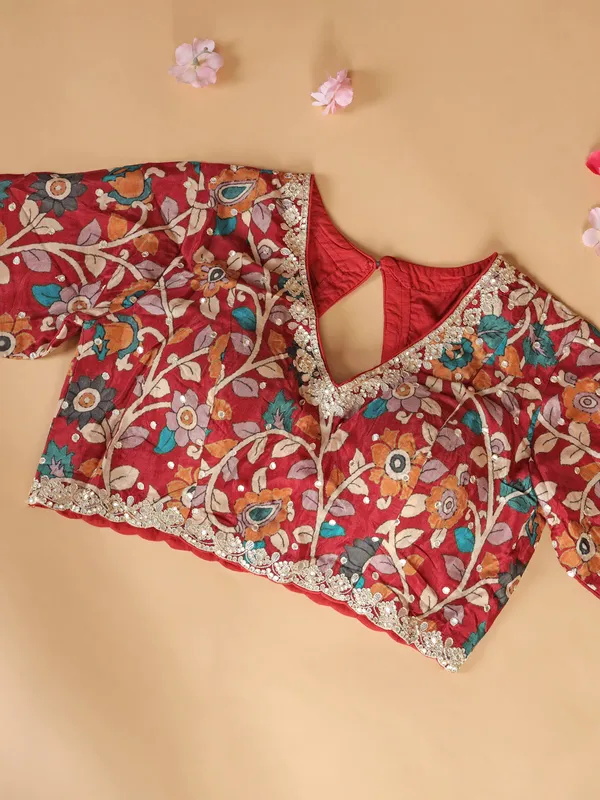 Dark peach muslin zig zag printed saree