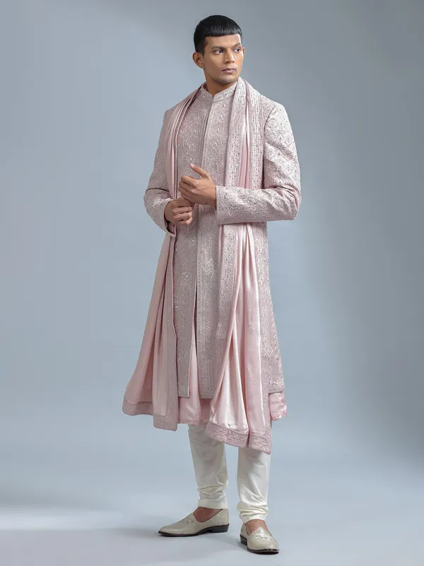Dark peach peshwai style sherwani for groom