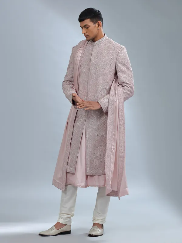 Dark peach peshwai style sherwani for groom
