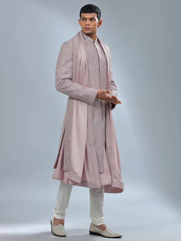 Dark peach peshwai style sherwani for groom