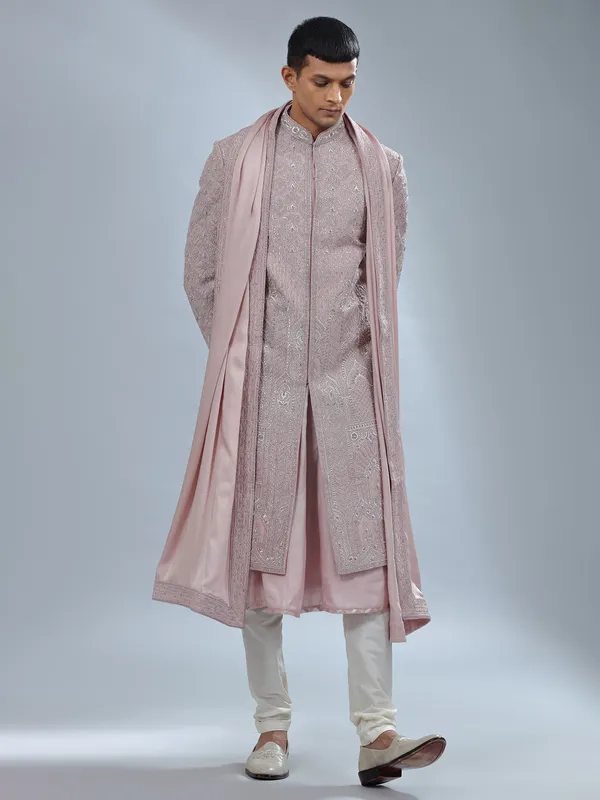Dark peach peshwai style sherwani for groom