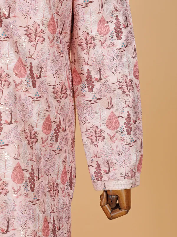 Dark peach printed cotton silk kurta suit for men