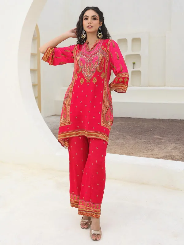 Dark peach printed crepe kurti set