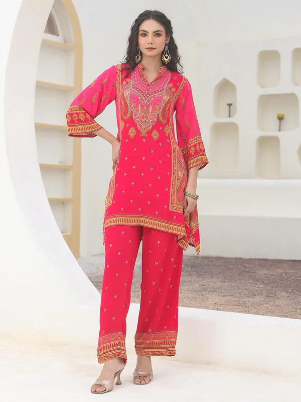 Dark peach printed crepe kurti set