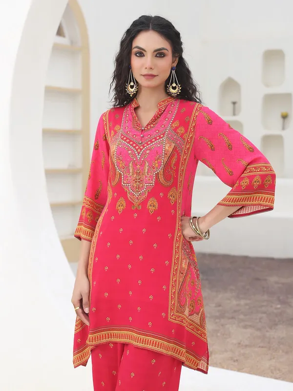 Dark peach printed crepe kurti set