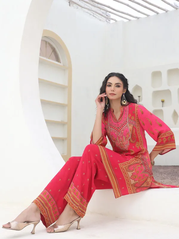 Dark peach printed crepe kurti set