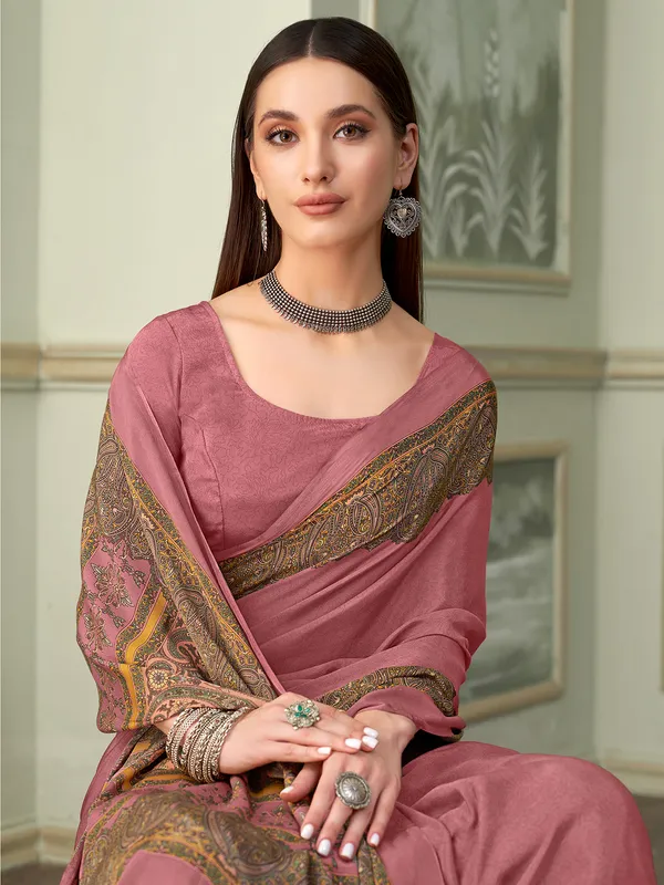 Dark peach printed crepe saree