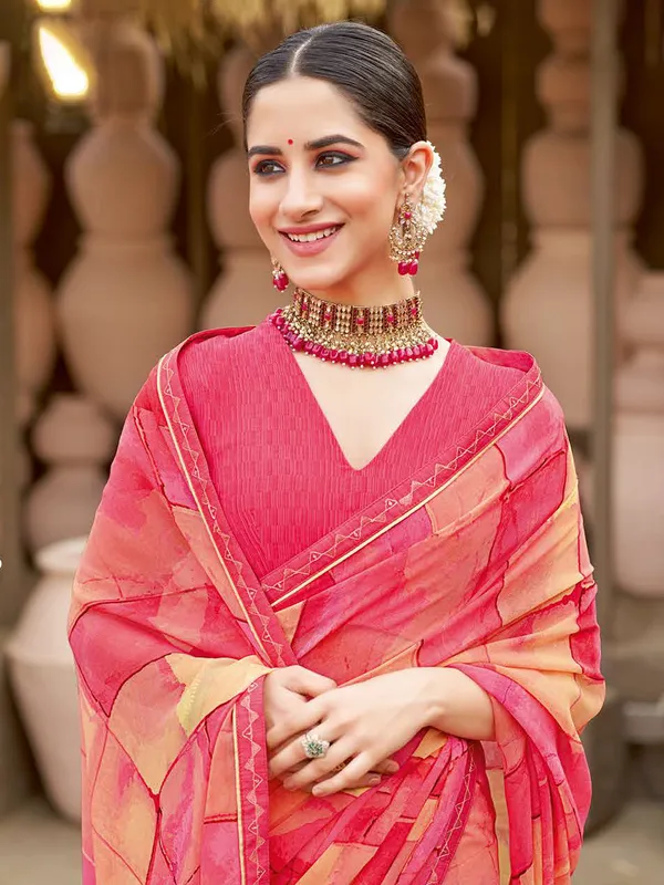 Dark peach printed georgette saree