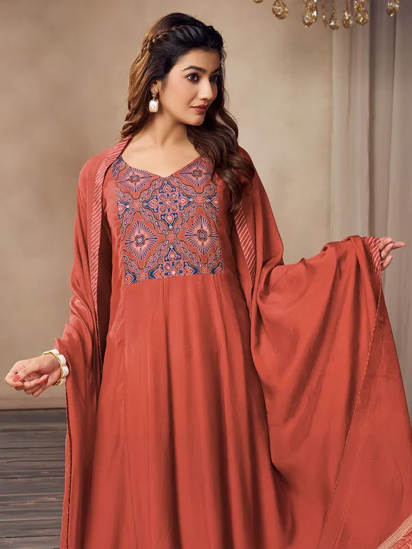 Dark peach silk kurti set for women