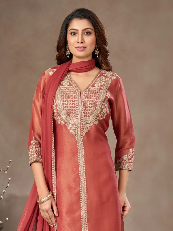 Dark peach tissue silk salwar suit with dupatta