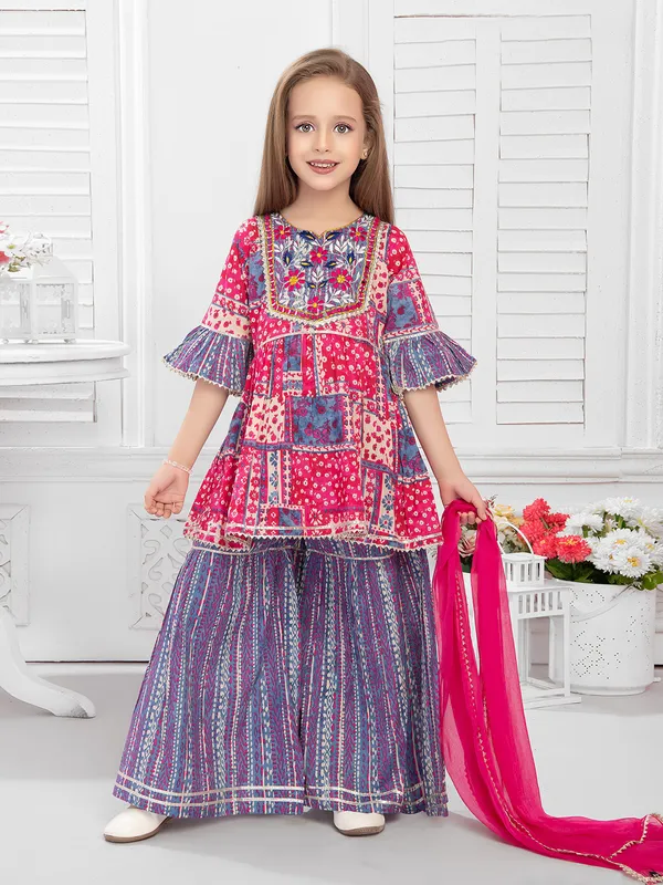Dark pink and blue printed sharara suit