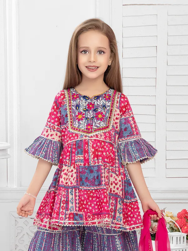 Dark pink and blue printed sharara suit