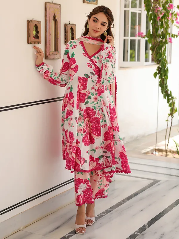 Dark pink and white cotton kurti set