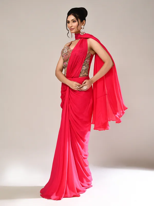 Dark pink chiffon designer indo western suit