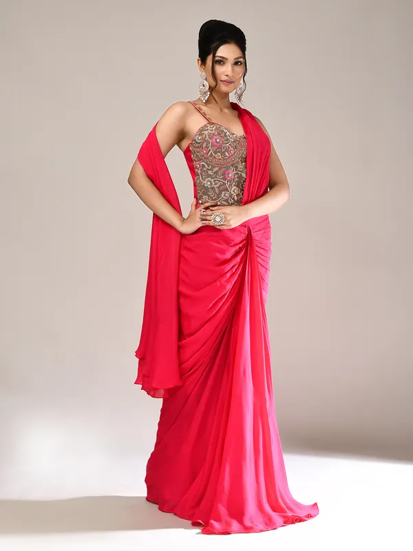 Dark pink chiffon designer indo western suit