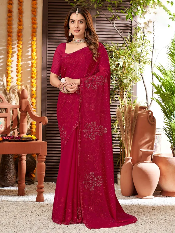 Dark pink chiffon embroidery saree