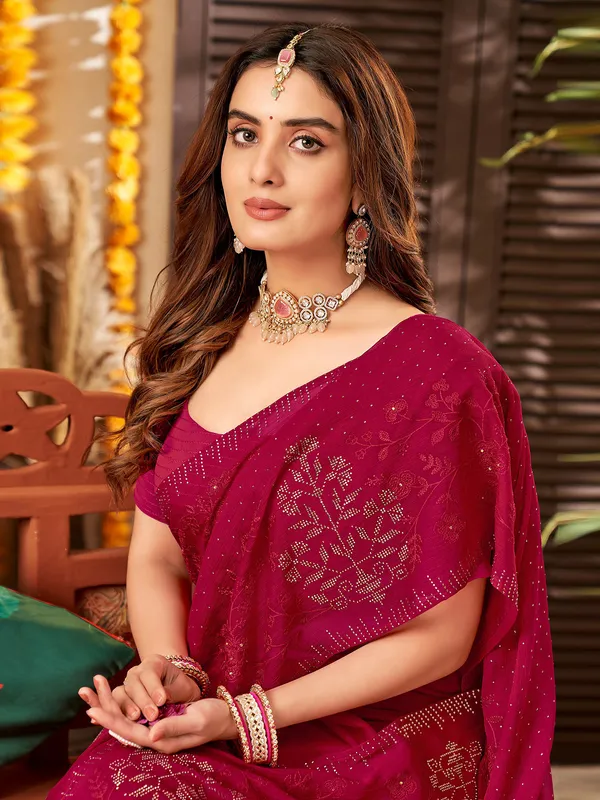 Dark pink chiffon embroidery saree