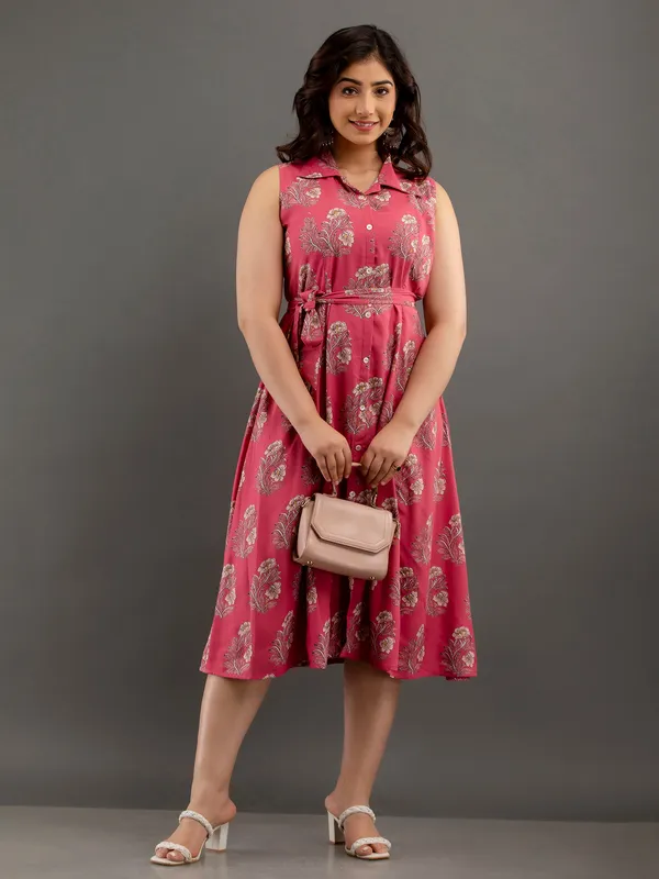 Dark pink cotton floral printed long kurti