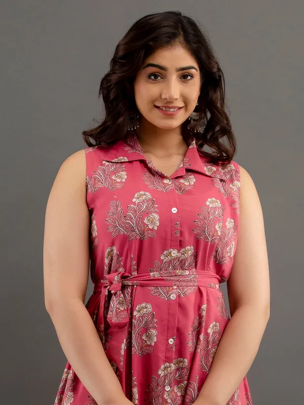 Dark pink cotton floral printed long kurti