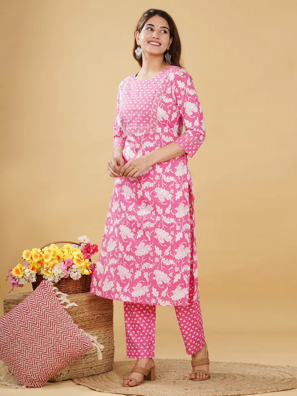 Dark pink cotton printed kurti set