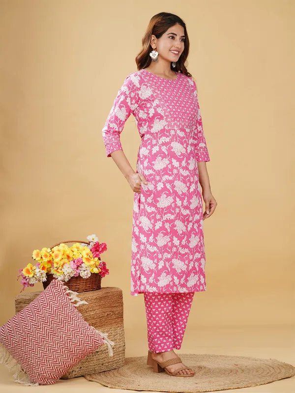 Dark pink cotton printed kurti set