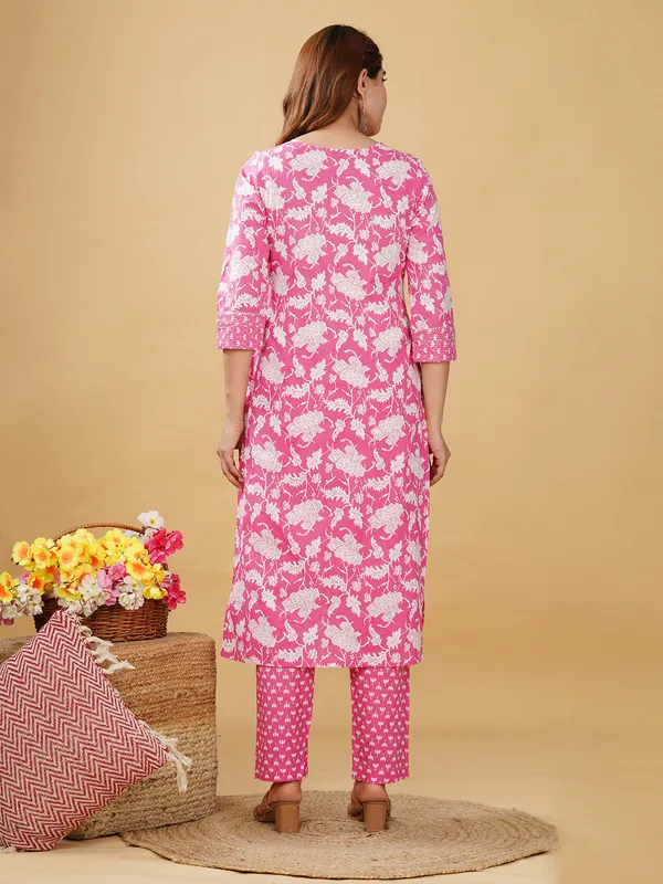 Dark pink cotton printed kurti set