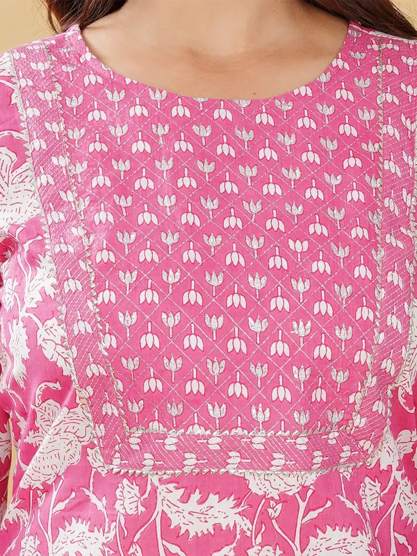 Dark pink cotton printed kurti set