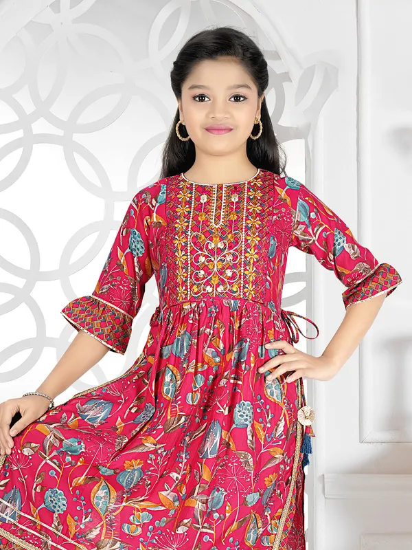 Dark pink floral printed cotton palazzo suit