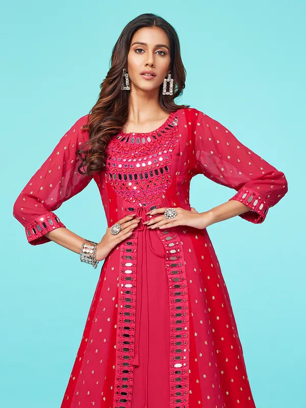 Dark pink georgette jacket style floor length suit