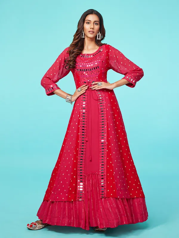 Dark pink georgette jacket style floor length suit
