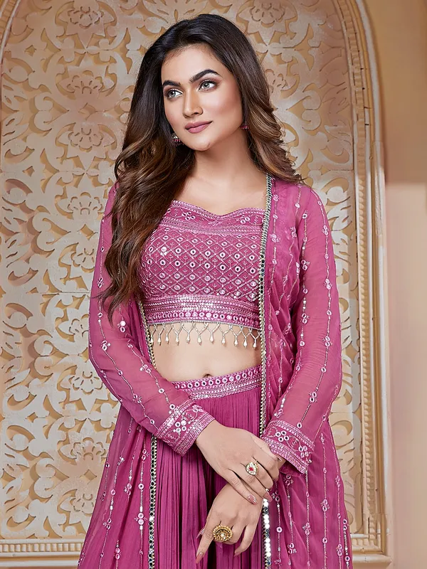 Dark pink georgette jacket style palazzo suit