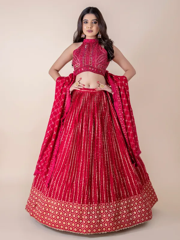 Dark pink georgette lehenga choli with dupatta