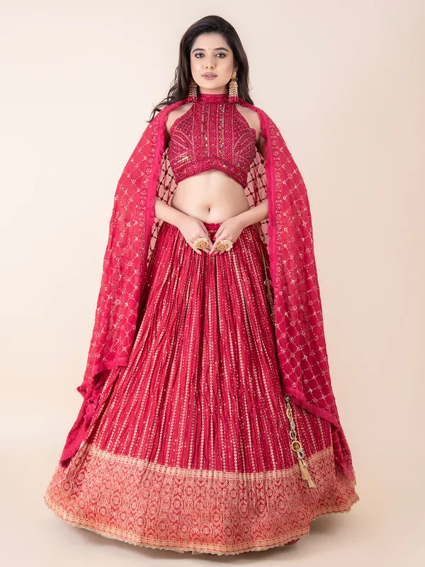 Dark pink georgette lehenga choli with dupatta