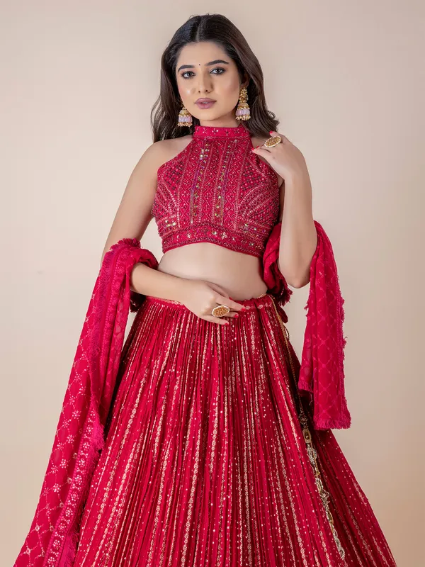 Dark pink georgette lehenga choli with dupatta
