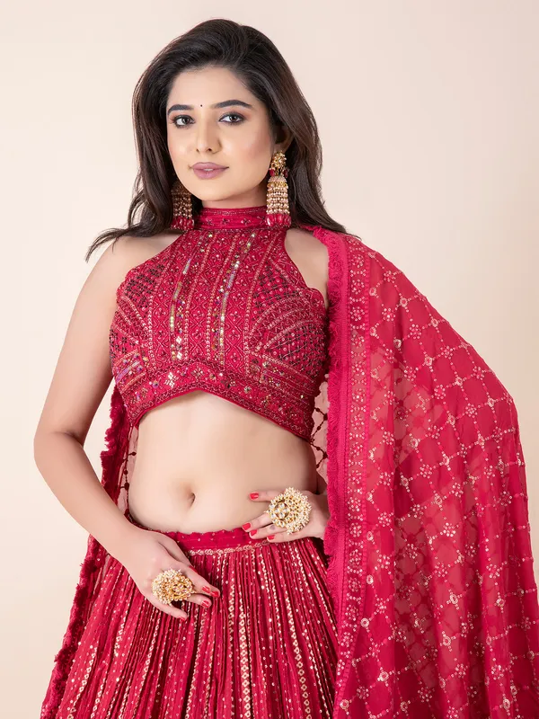 Dark pink georgette lehenga choli with dupatta
