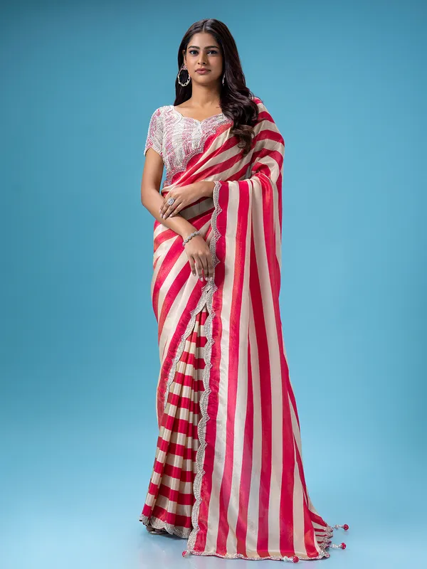 Dark pink mashru silk stripe saree