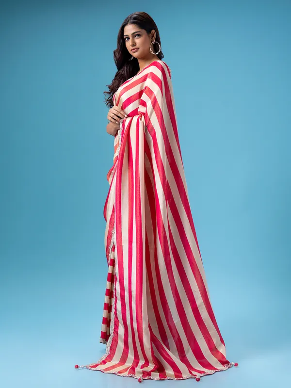 Dark pink mashru silk stripe saree