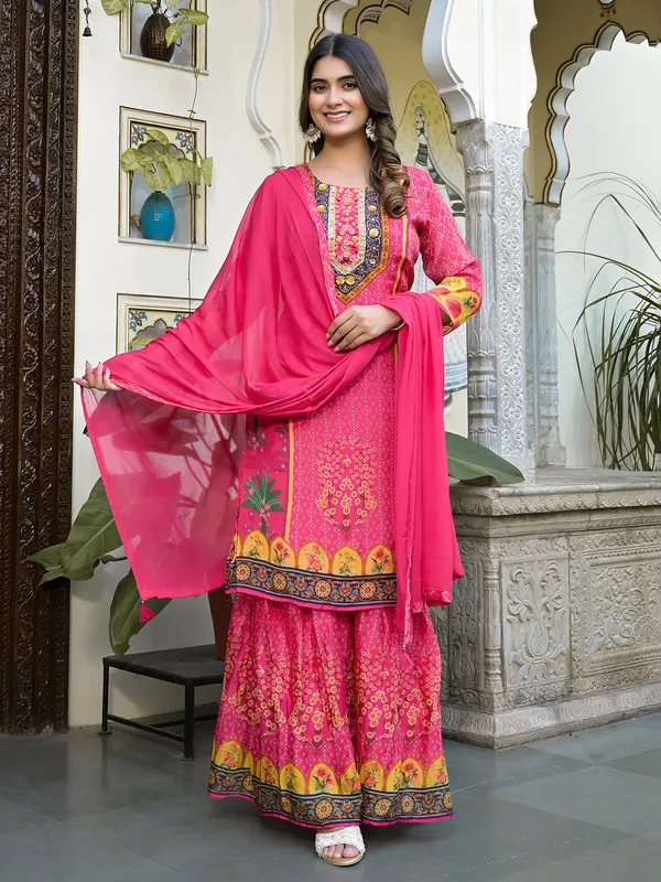 Dark pink printed palazzo set in silk
