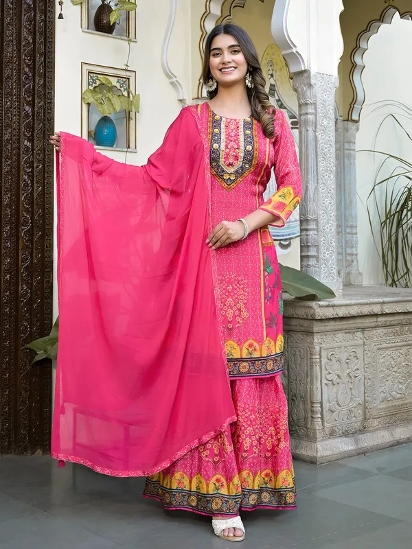 Dark pink printed palazzo set in silk