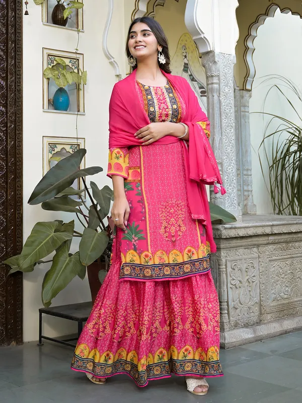 Dark pink printed palazzo set in silk